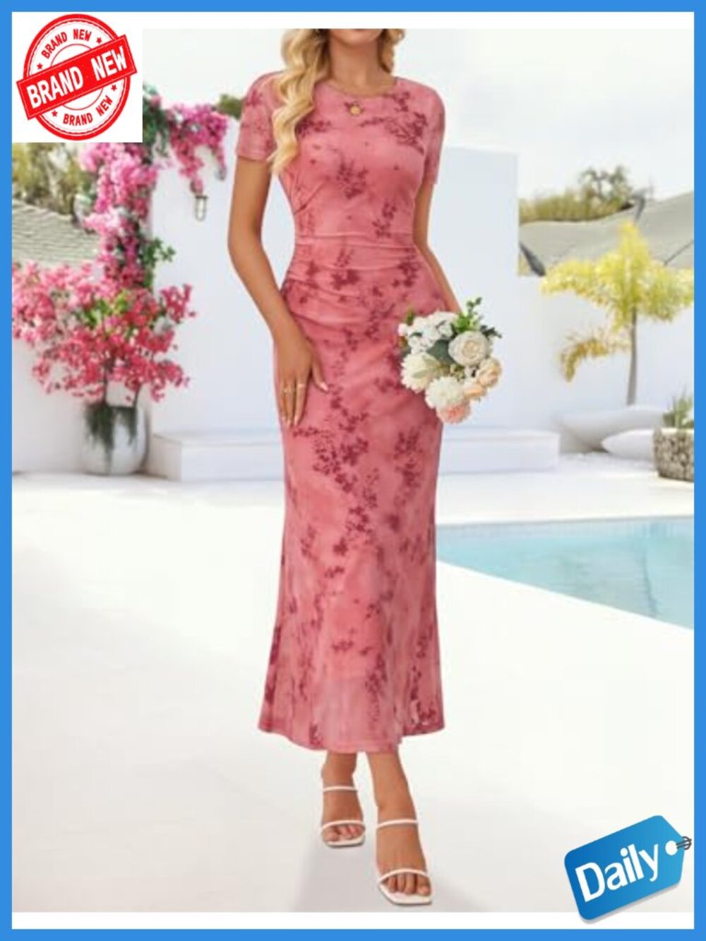 ZESICA Floral Short Sleeve Bodycon Mesh Maxi Formal Dress - Ruched Fitted - Picture 4 of 6
